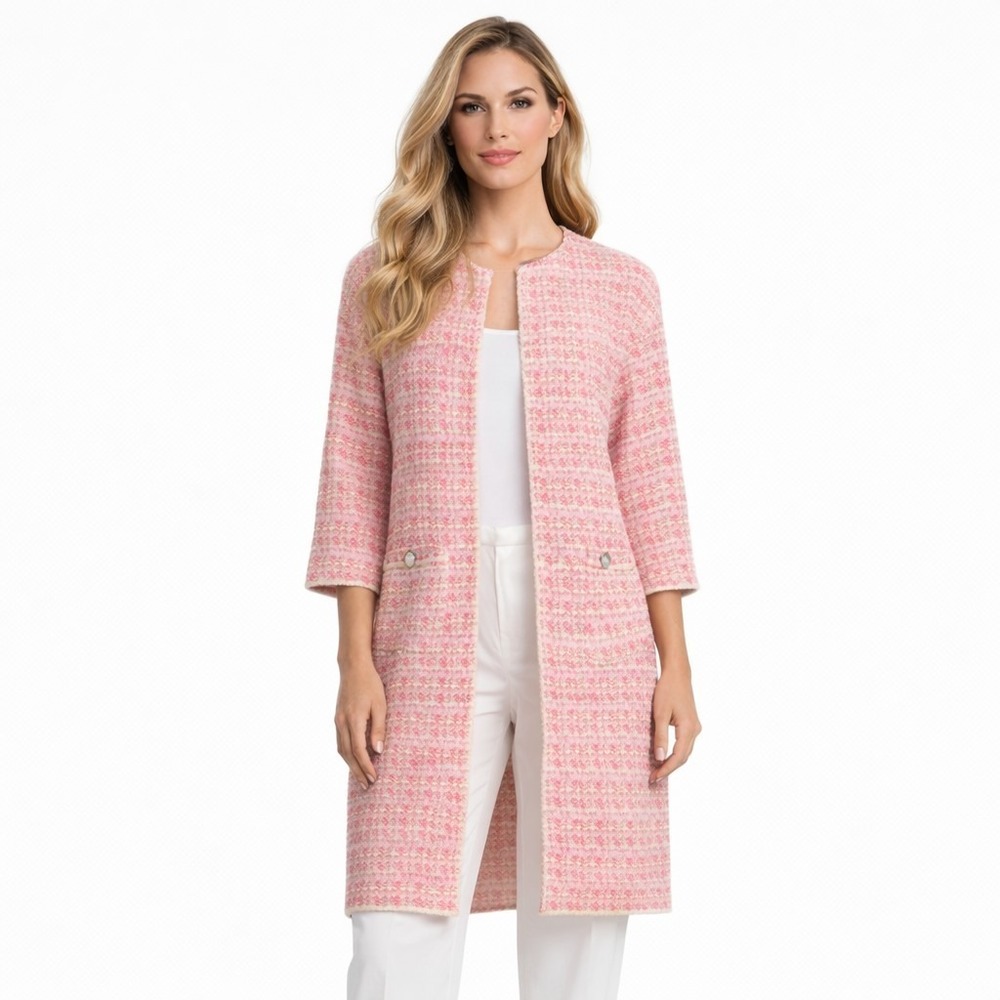 St John Jacket M Pink Tweed Knit Cardigan Duster Long Blazer Wool Blend Sweater - Picture 2 of 13